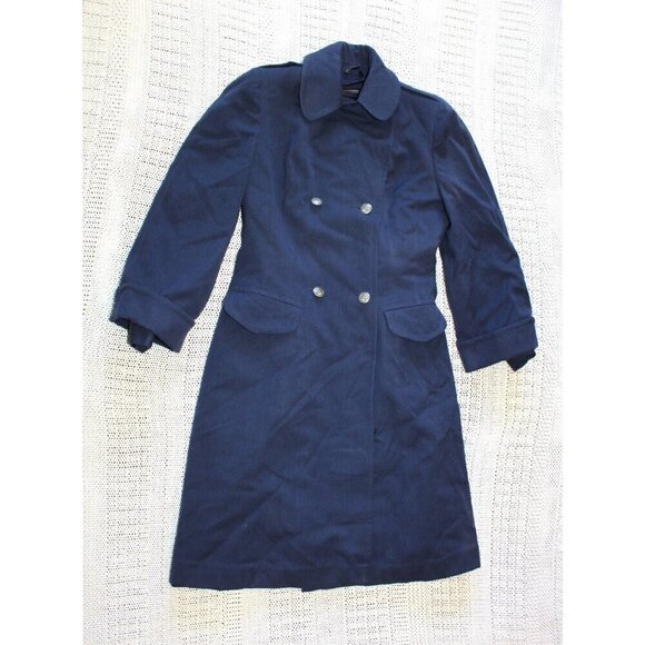Vintage US Air Force Army 100% Wool Blue Trench Coat Size 14 L Military Heavy - Picture 9 of 12